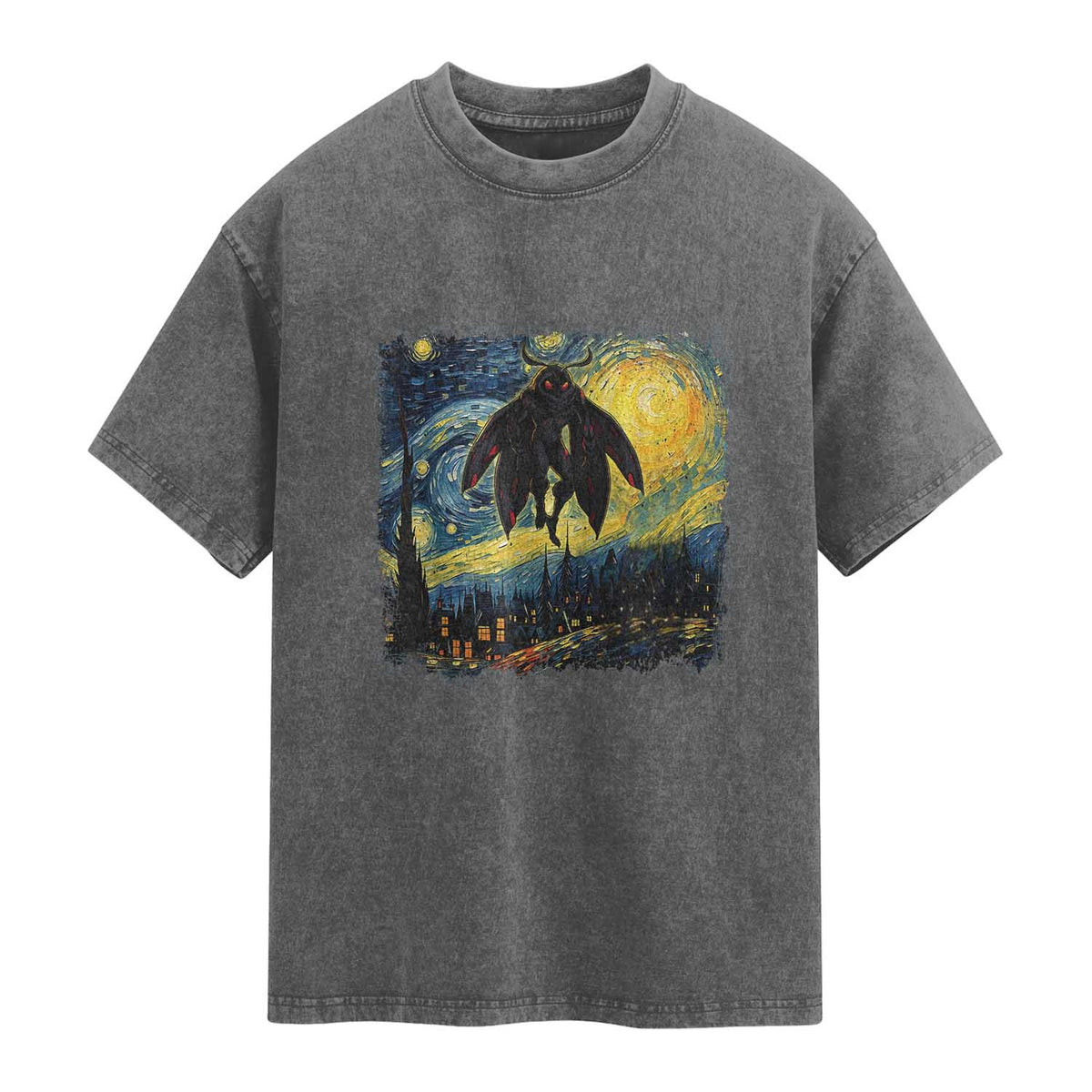 Mothman Washed Cotton T-Shirt Starry Night Van Gogh Cryptid Lover