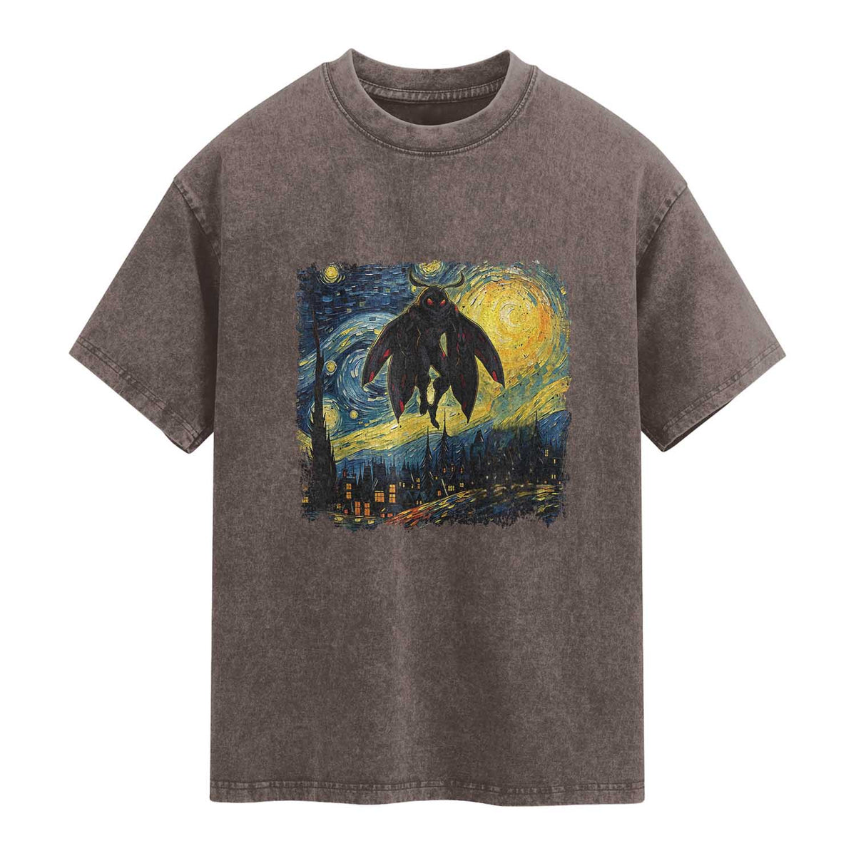 Mothman Washed Cotton T-Shirt Starry Night Van Gogh Cryptid Lover