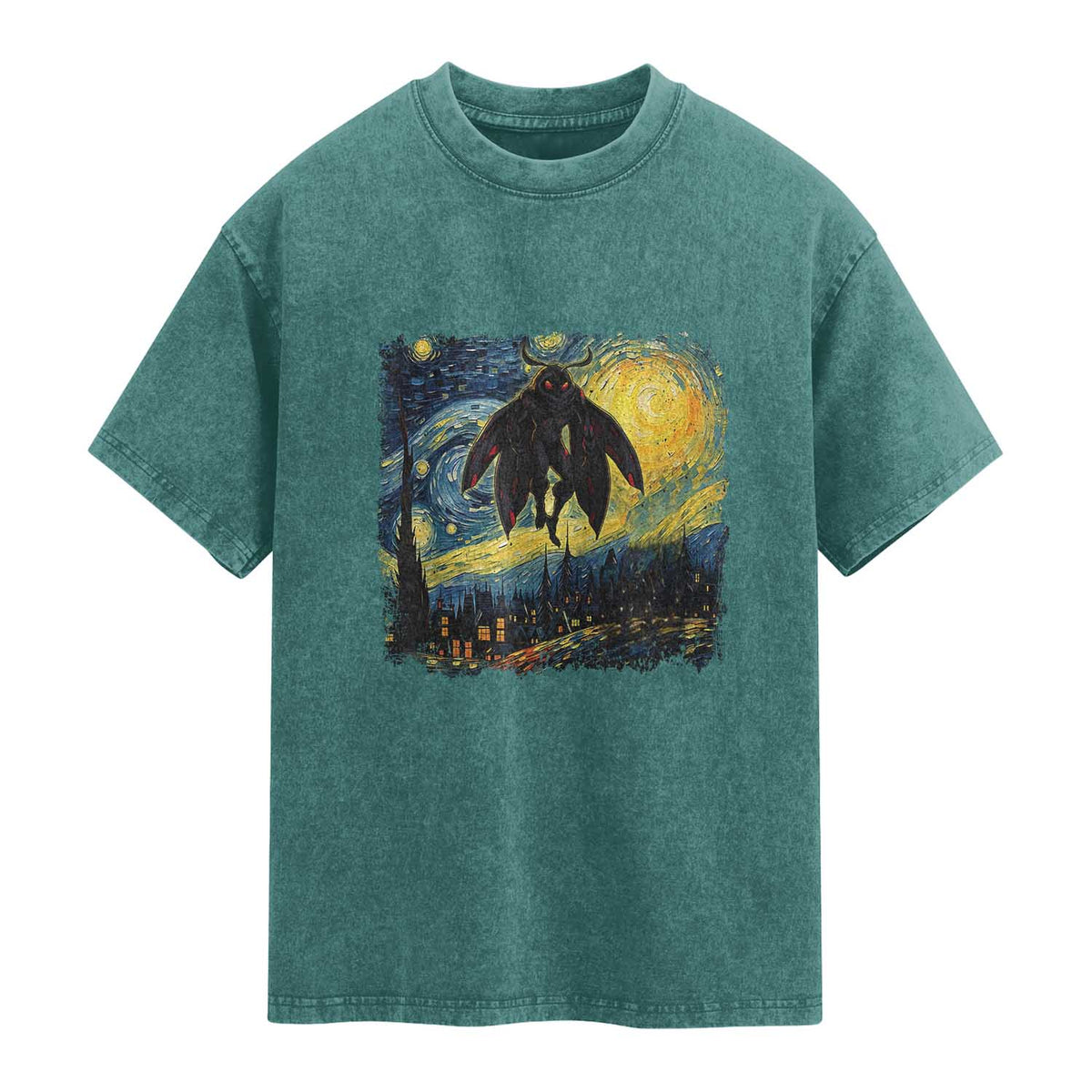 Mothman Washed Cotton T-Shirt Starry Night Van Gogh Cryptid Lover