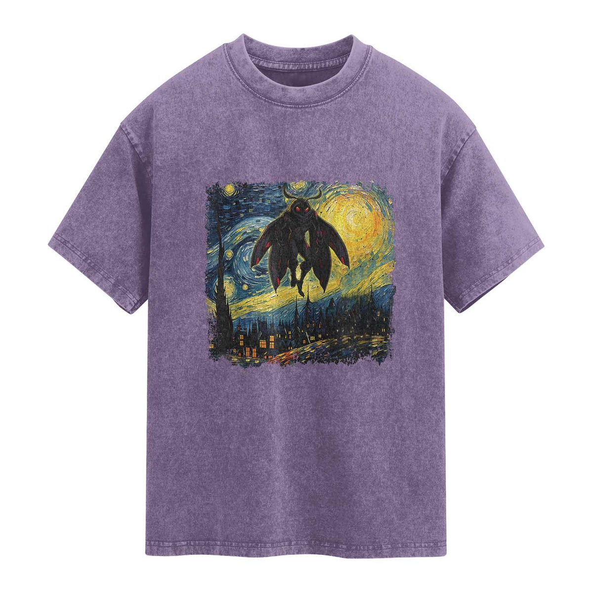 Mothman Washed Cotton T-Shirt Starry Night Van Gogh Cryptid Lover