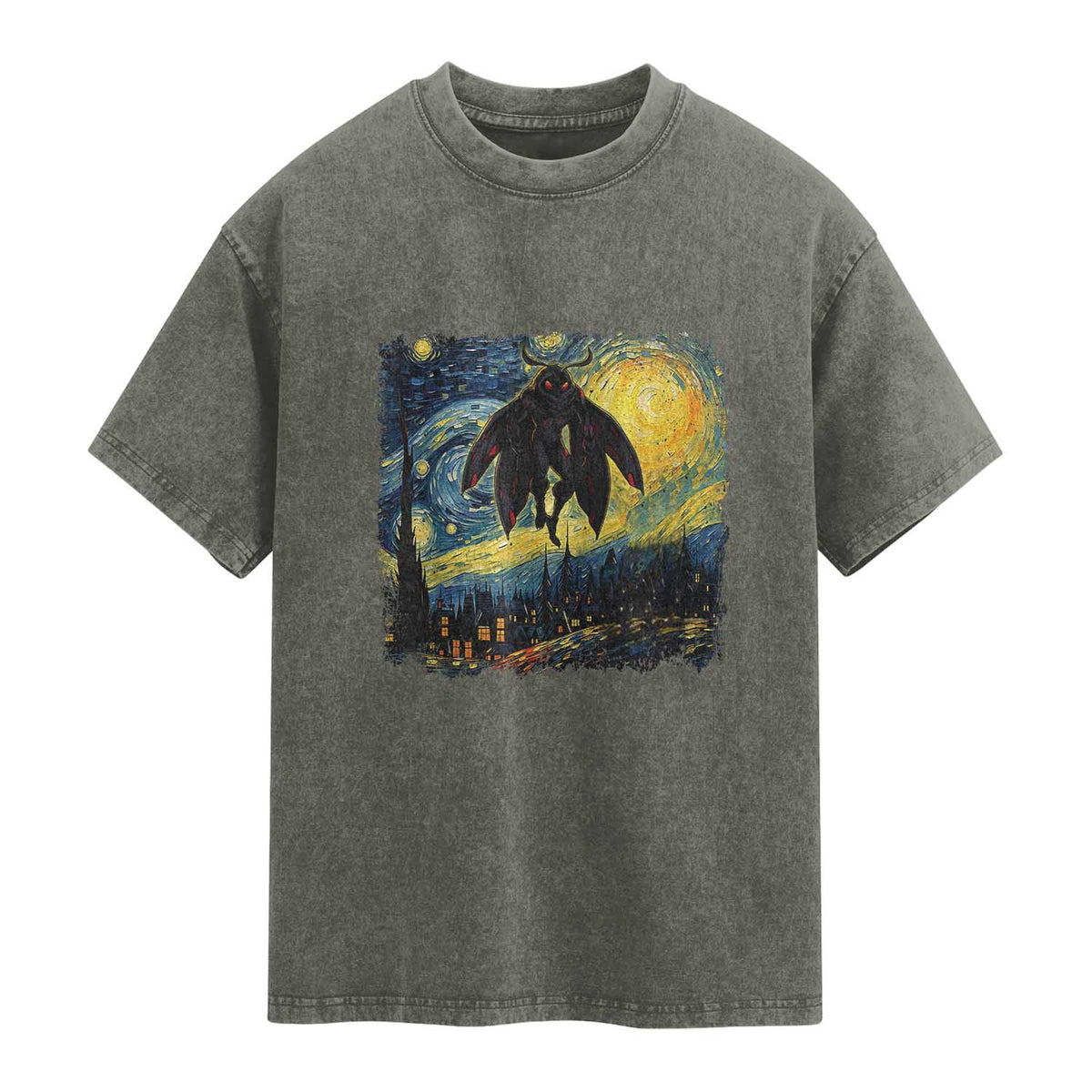 Mothman Washed Cotton T-Shirt Starry Night Van Gogh Cryptid Lover