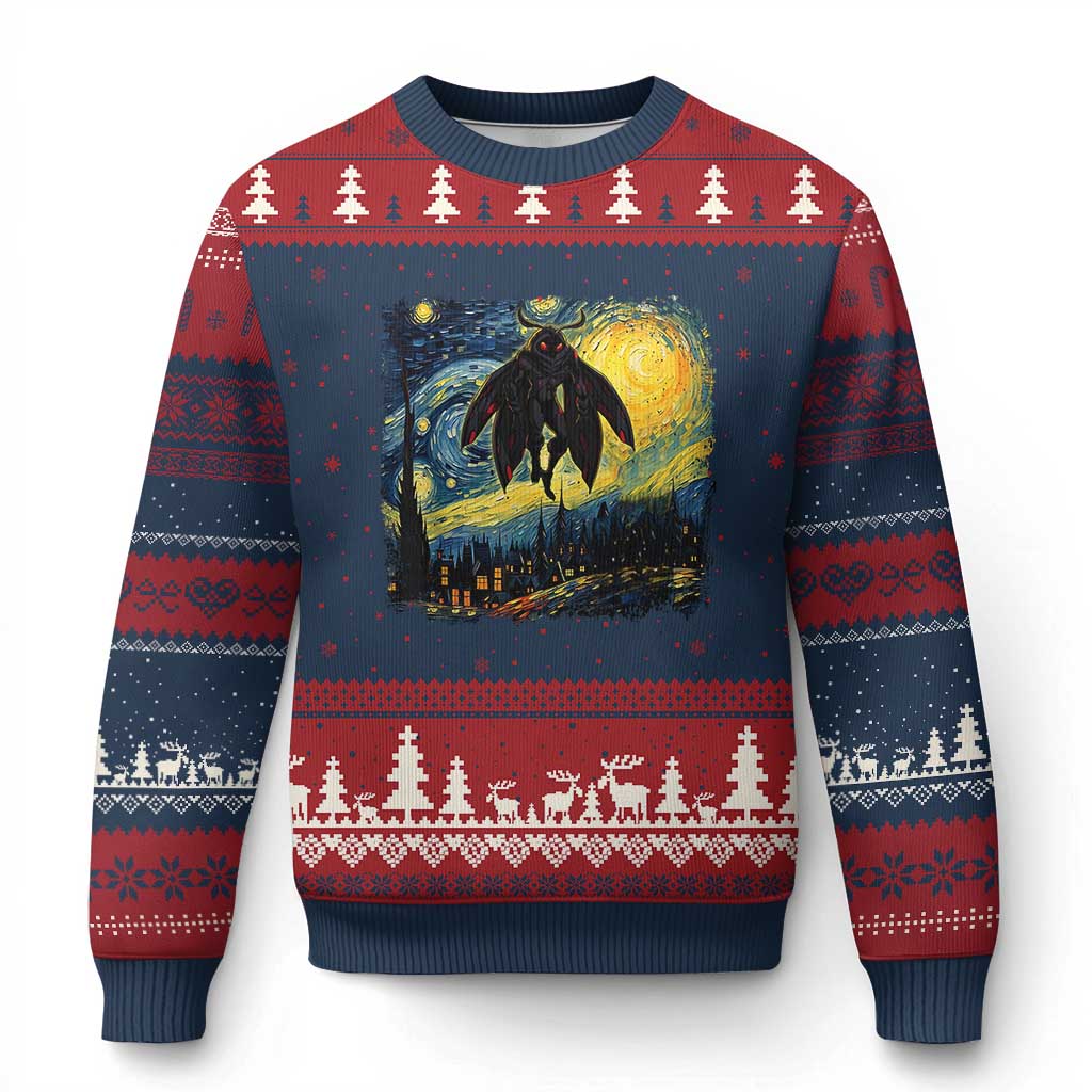 Mothman Ugly Christmas Sweater Starry Night Van Gogh Cryptid Lover - Wonder Print Shop