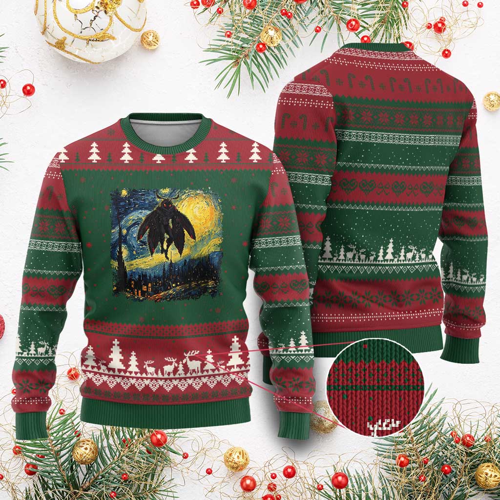 Mothman Ugly Christmas Sweater Starry Night Van Gogh Cryptid Lover - Wonder Print Shop