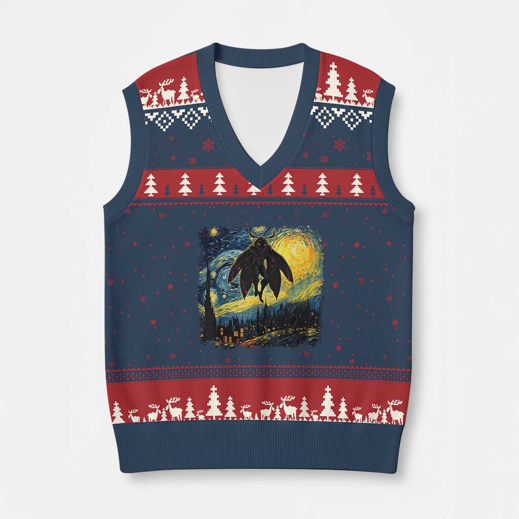 Mothman V-Neck Knit Sweater Vest Starry Night Van Gogh Cryptid Lover - Wonder Print Shop