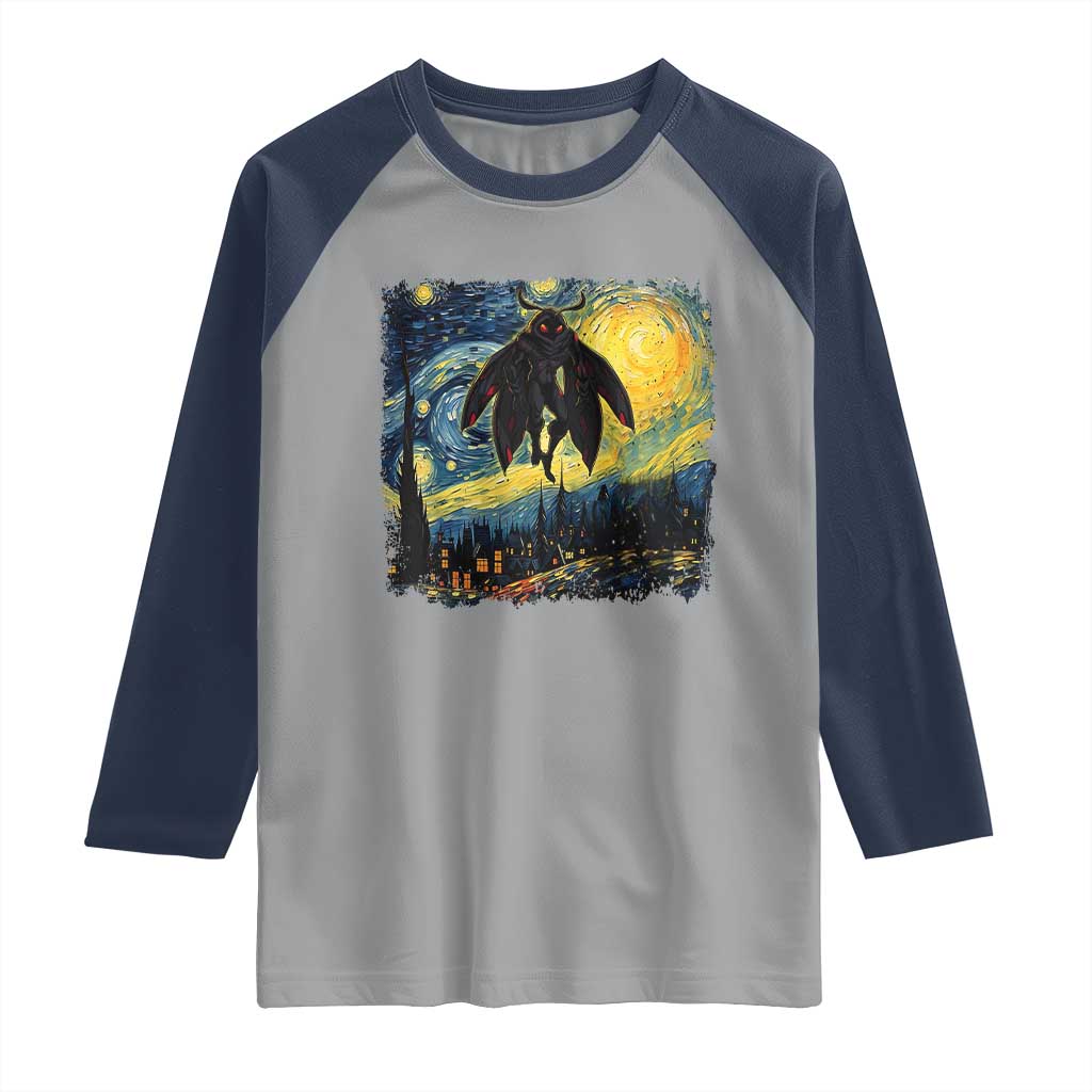 Mothman Raglan Shirt Starry Night Van Gogh Cryptid Lover - Wonder Print Shop