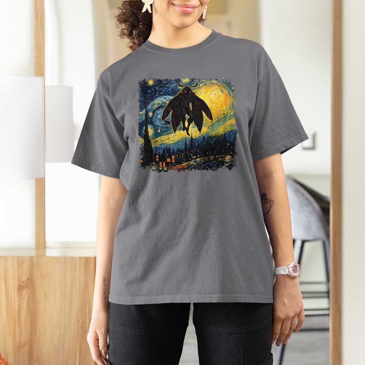 Mothman T Shirt For Women Starry Night Van Gogh Cryptid Lover - Wonder Print Shop