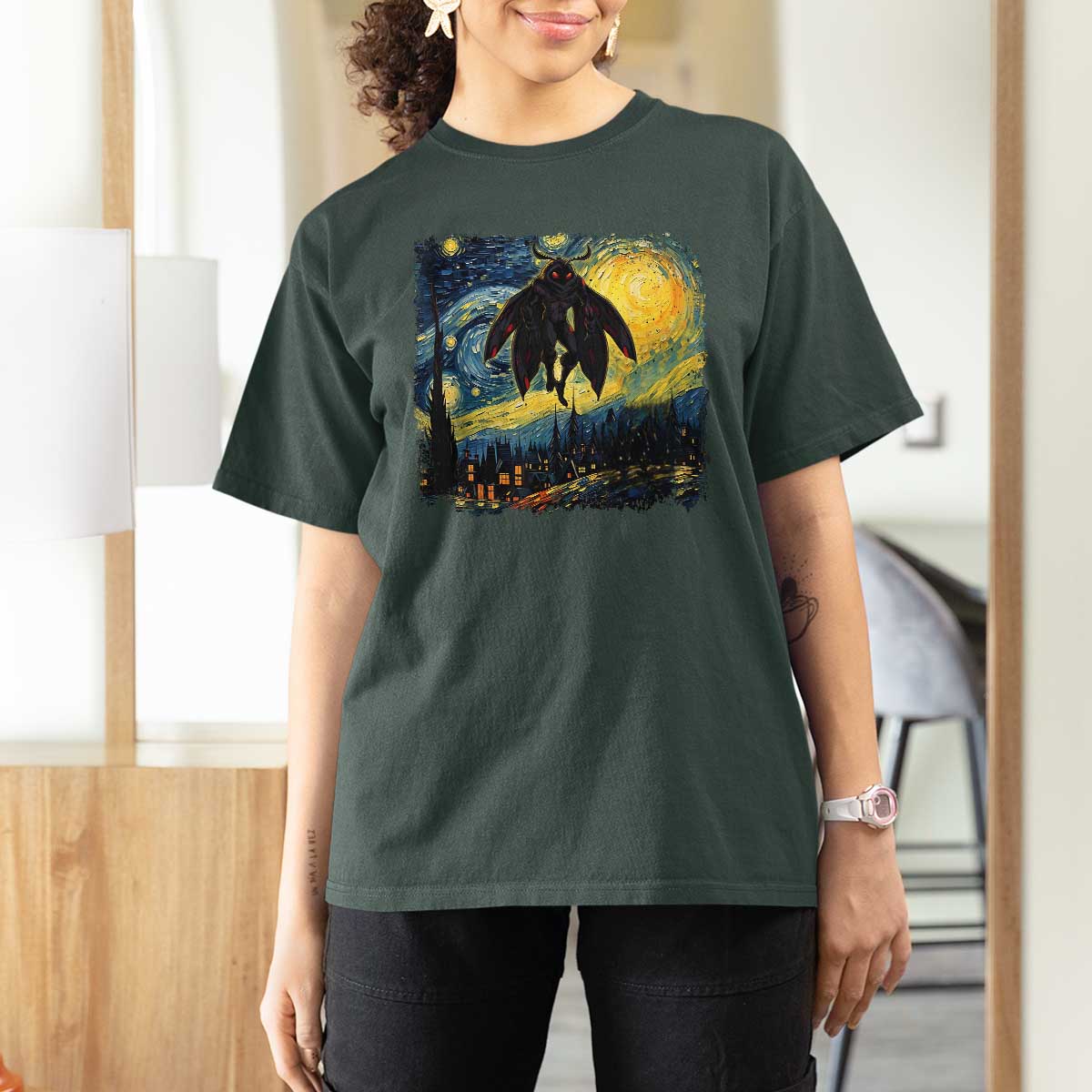 Mothman T Shirt For Women Starry Night Van Gogh Cryptid Lover - Wonder Print Shop