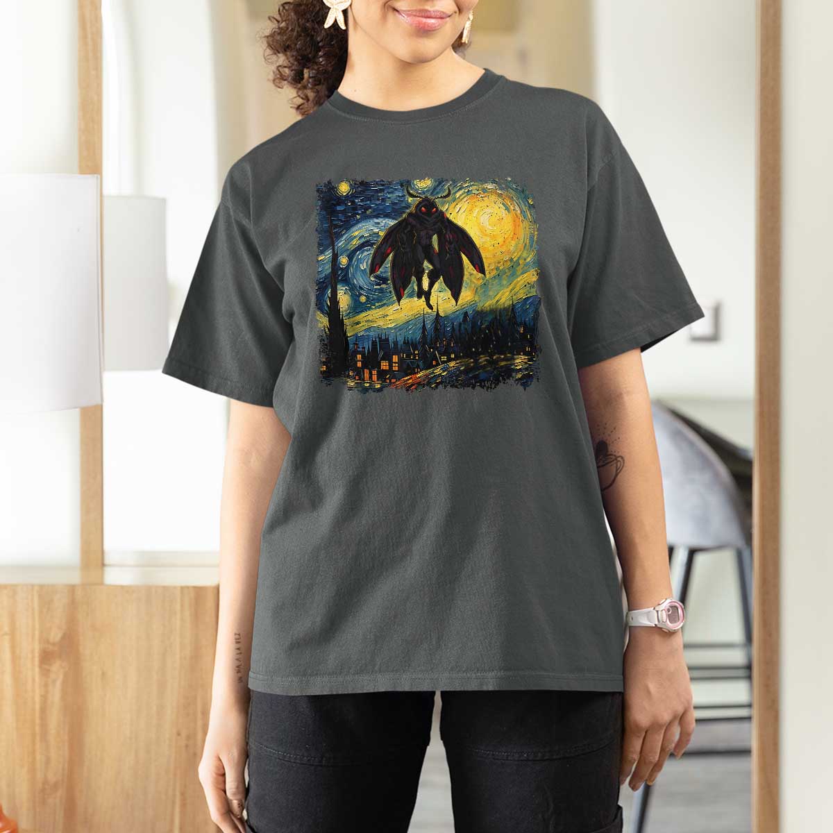 Mothman T Shirt For Women Starry Night Van Gogh Cryptid Lover - Wonder Print Shop