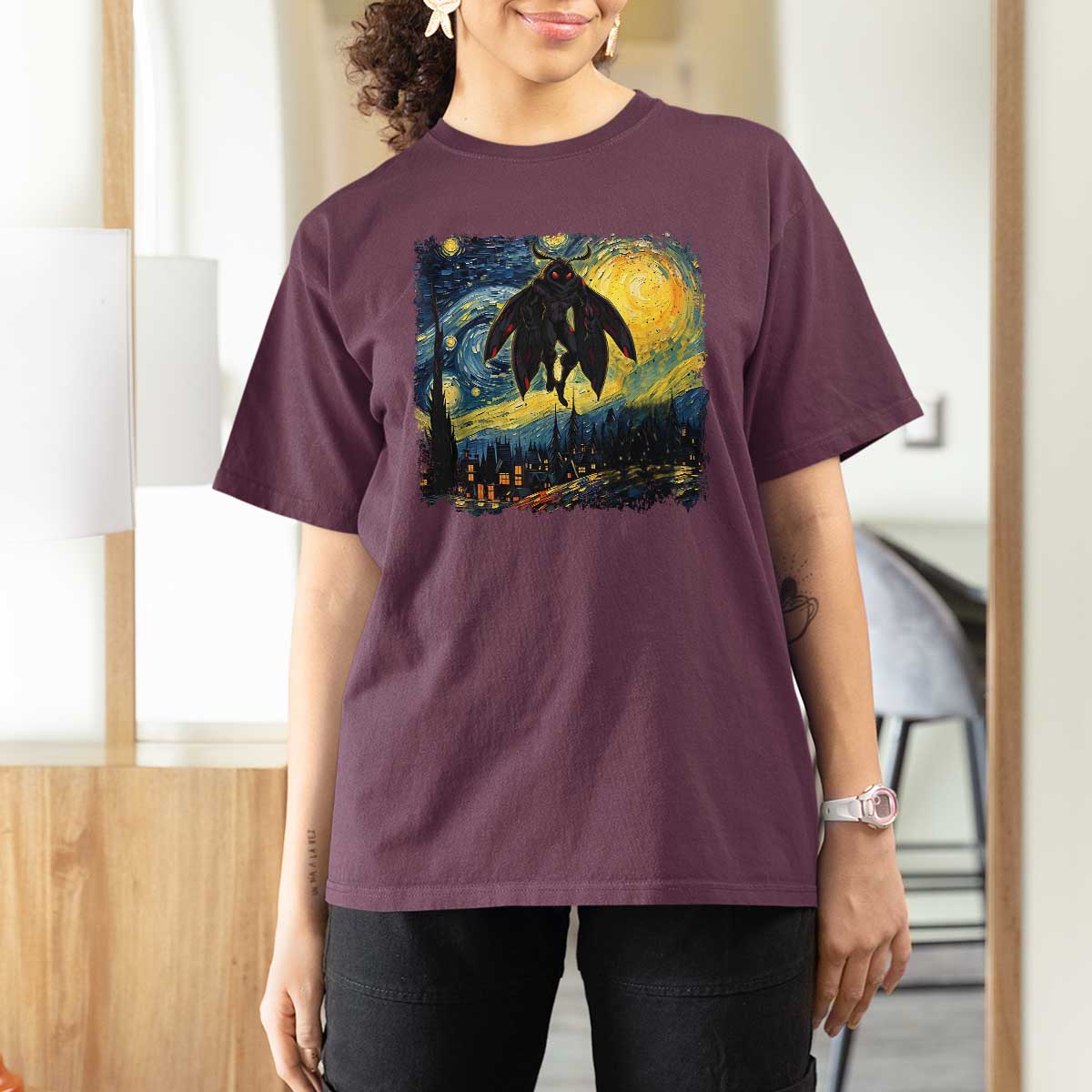 Mothman T Shirt For Women Starry Night Van Gogh Cryptid Lover - Wonder Print Shop