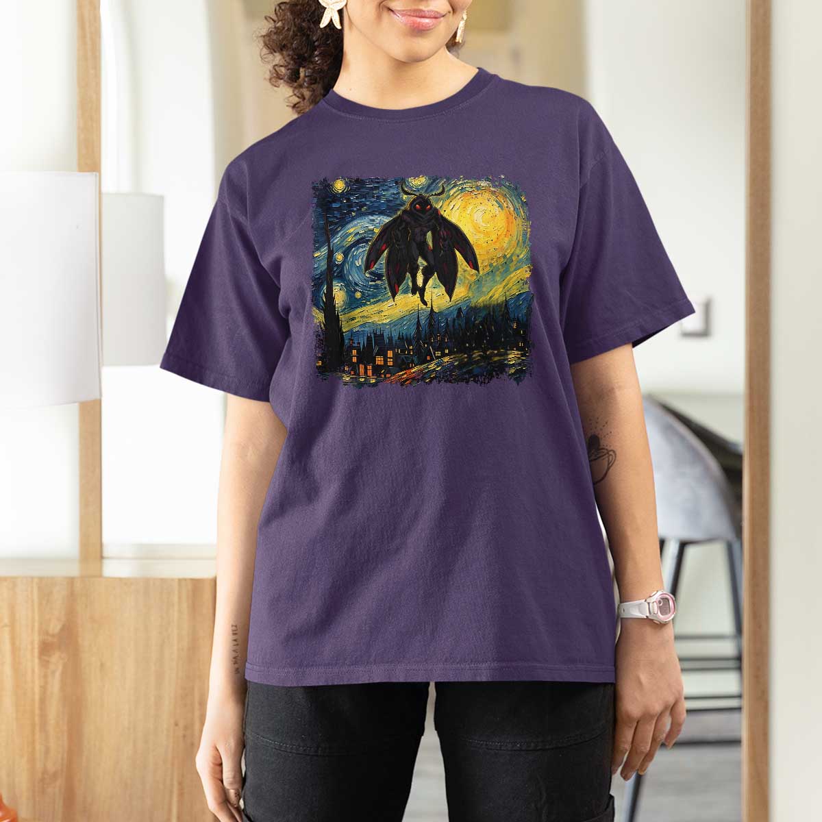 Mothman T Shirt For Women Starry Night Van Gogh Cryptid Lover - Wonder Print Shop