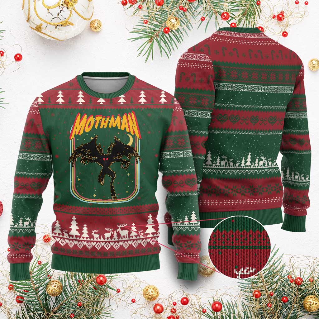 Retro Mothman Ugly Christmas Sweater Vintage Comicbook Style Cryptid Lore Cryptozoology - Wonder Print Shop
