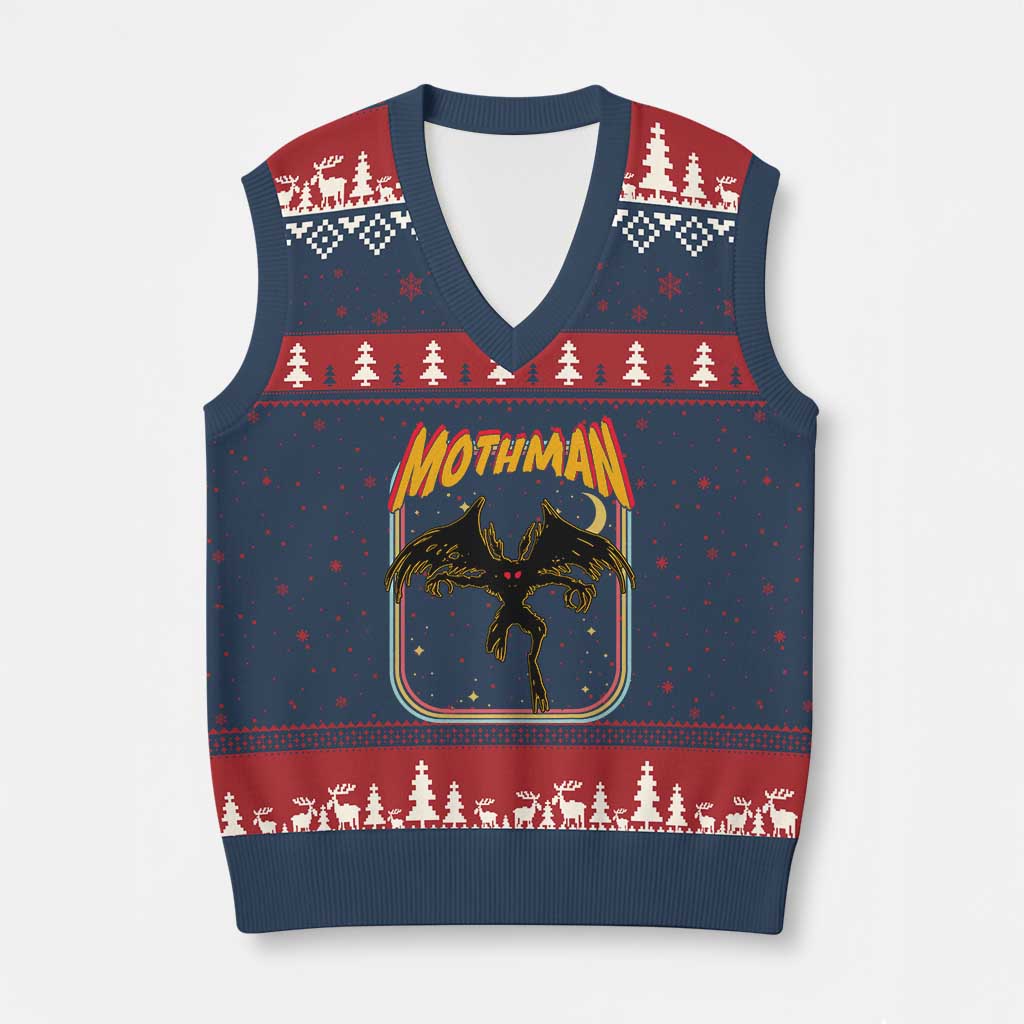 Retro Mothman V-Neck Knit Sweater Vest Vintage Comicbook Style Cryptid Lore Cryptozoology - Wonder Print Shop