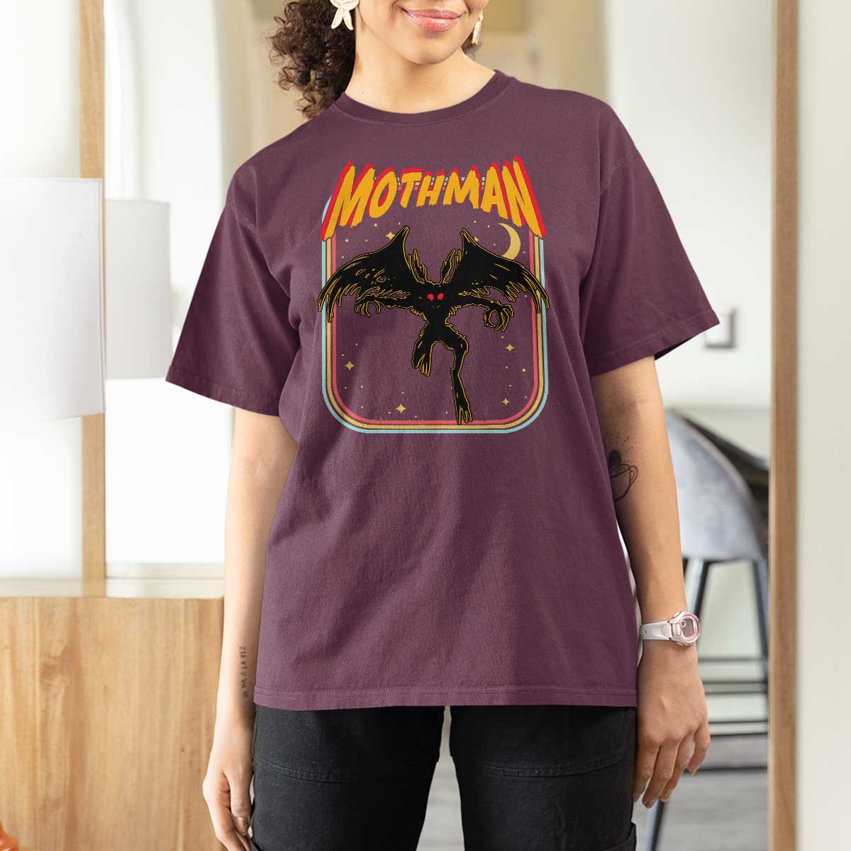 Retro Mothman T Shirt For Women Vintage Comicbook Style Cryptid Lore Cryptozoology - Wonder Print Shop