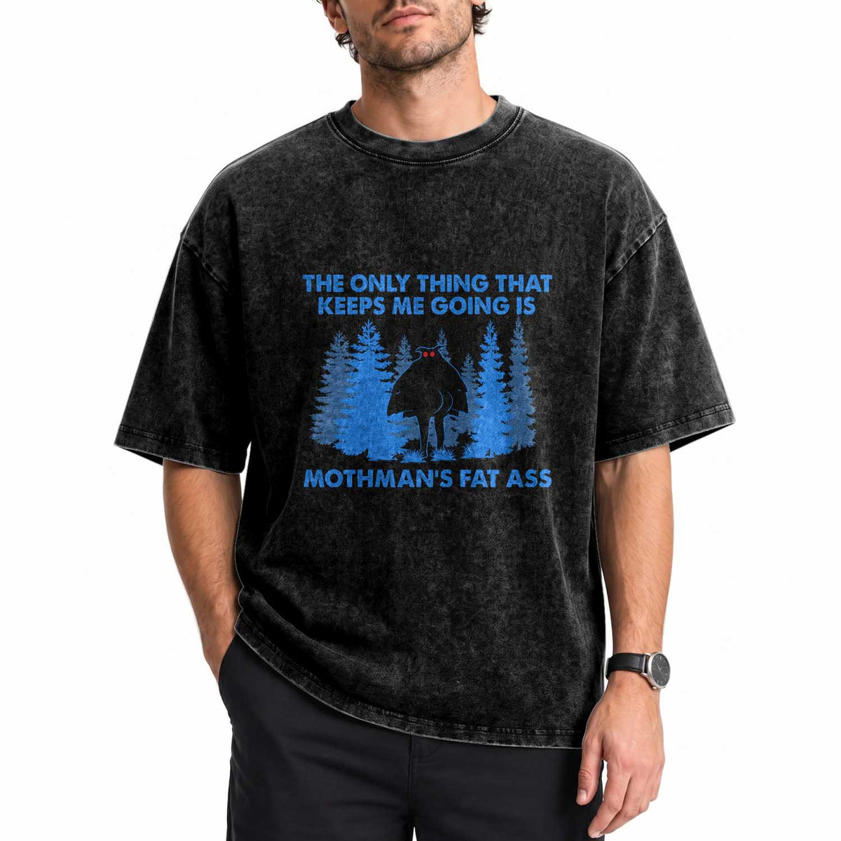 Funny Mothman Fat Ass Washed Cotton T-Shirt Vintage Cryptid Funny Moth Man Meme