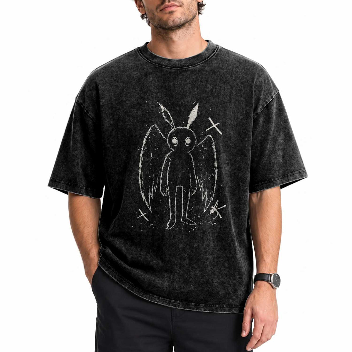 Creepy Cute Mothman Washed Cotton T-Shirt Alt Goth Grunge Horror Aesthetic Cryptid