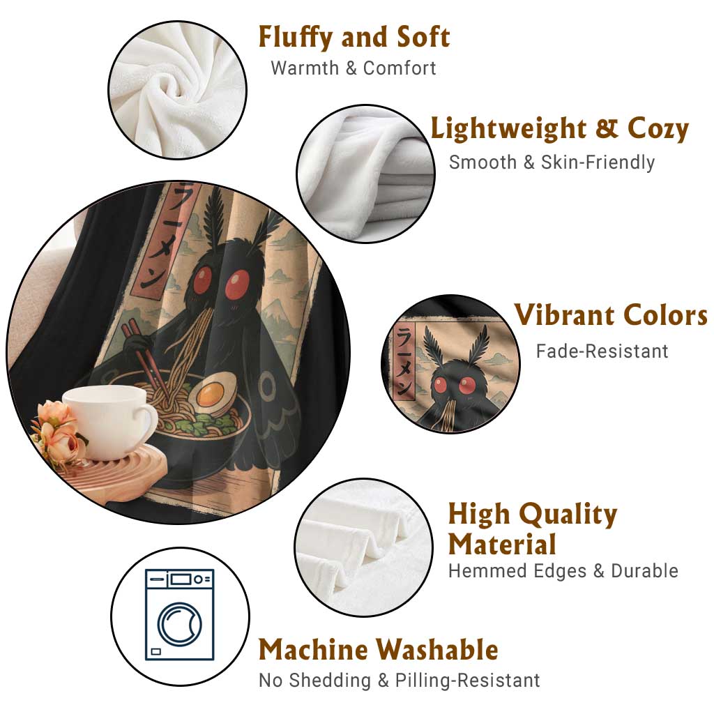 Funny Mothman Ramen Throw Blanket Japanese Kawaii Noodles Cryptid Retro Manga Anime - Wonder Print Shop