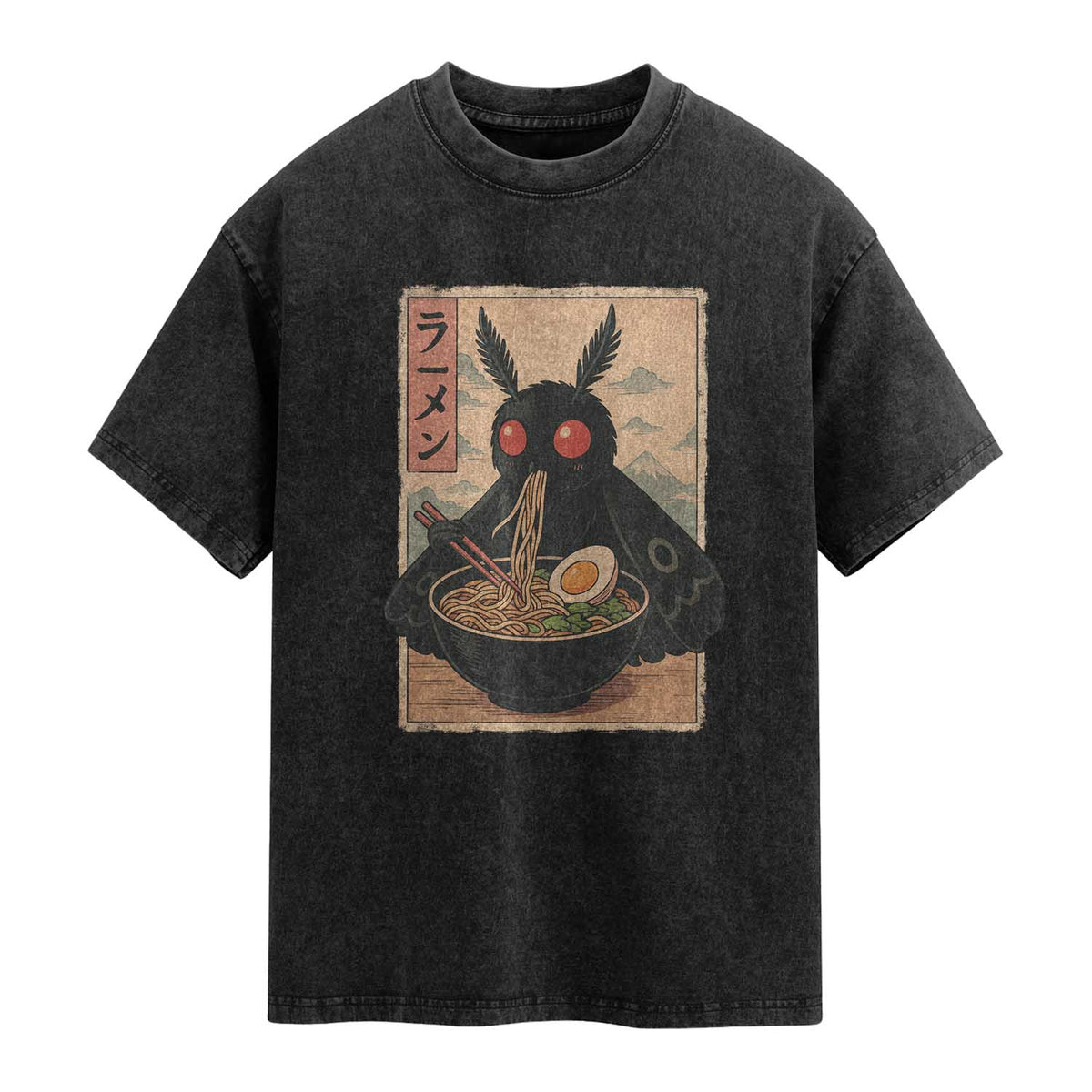 Funny Mothman Ramen Washed Cotton T-Shirt Japanese Kawaii Noodles Cryptid Retro Manga Anime