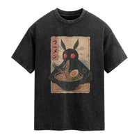 Funny Mothman Ramen Washed Cotton T-Shirt Japanese Kawaii Noodles Cryptid Retro Manga Anime