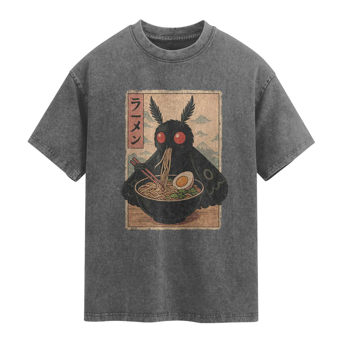 Funny Mothman Ramen Washed Cotton T-Shirt Japanese Kawaii Noodles Cryptid Retro Manga Anime