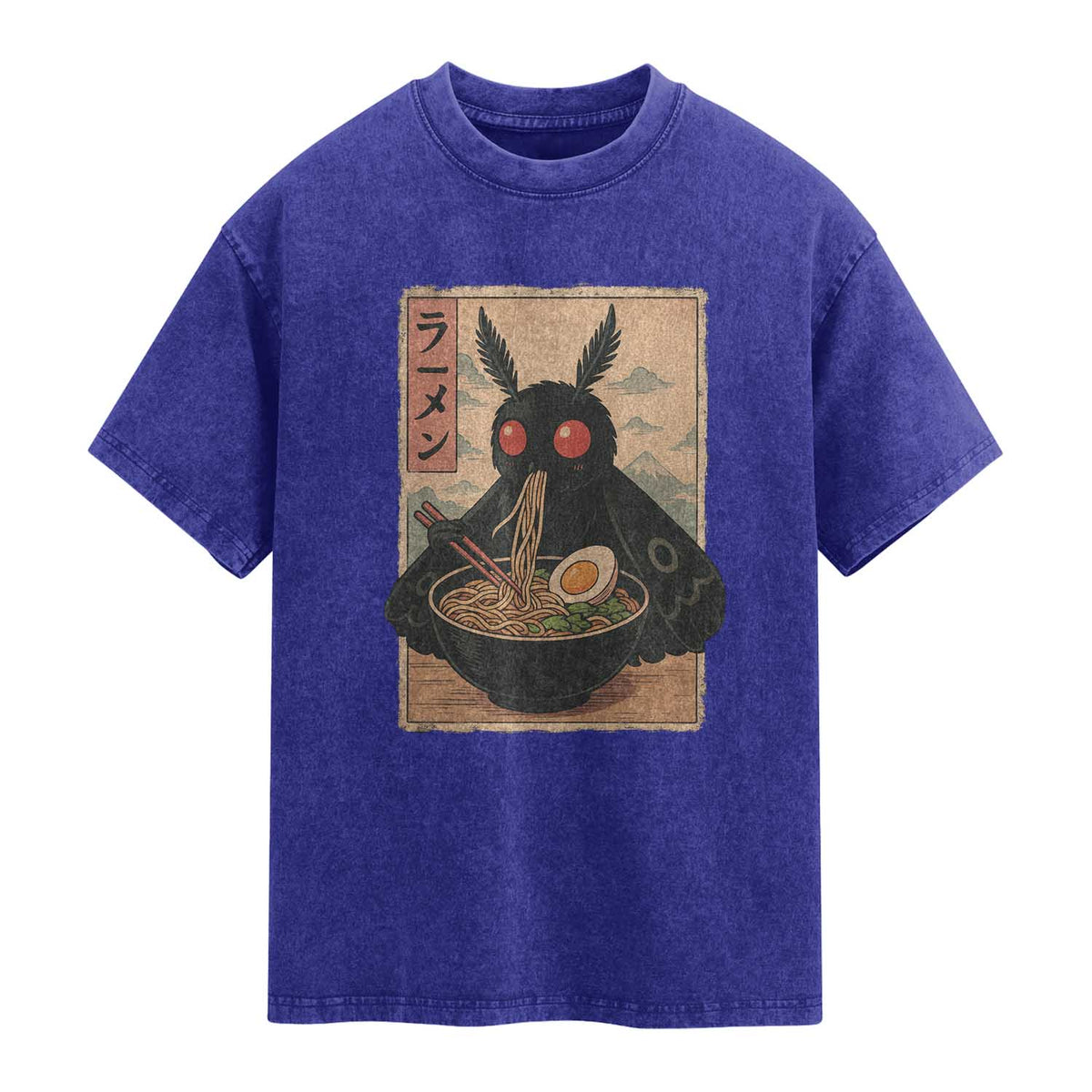 Funny Mothman Ramen Washed Cotton T-Shirt Japanese Kawaii Noodles Cryptid Retro Manga Anime