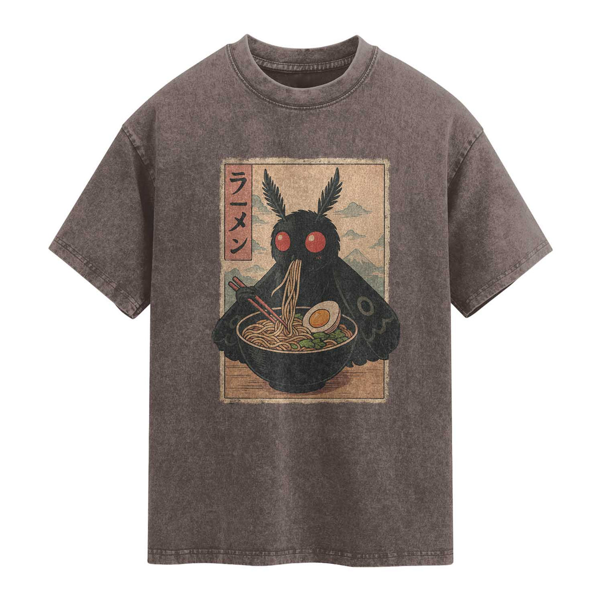 Funny Mothman Ramen Washed Cotton T-Shirt Japanese Kawaii Noodles Cryptid Retro Manga Anime