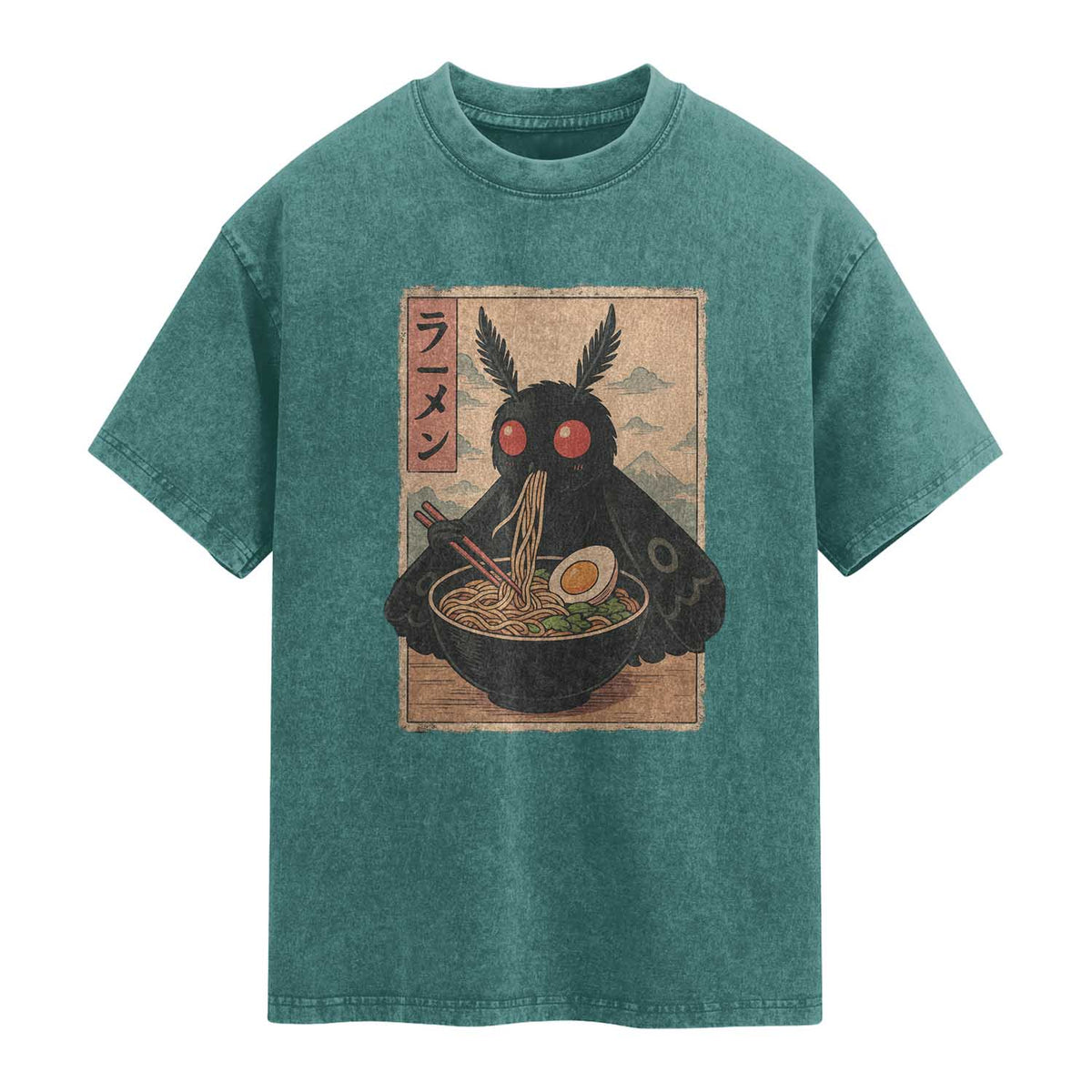 Funny Mothman Ramen Washed Cotton T-Shirt Japanese Kawaii Noodles Cryptid Retro Manga Anime