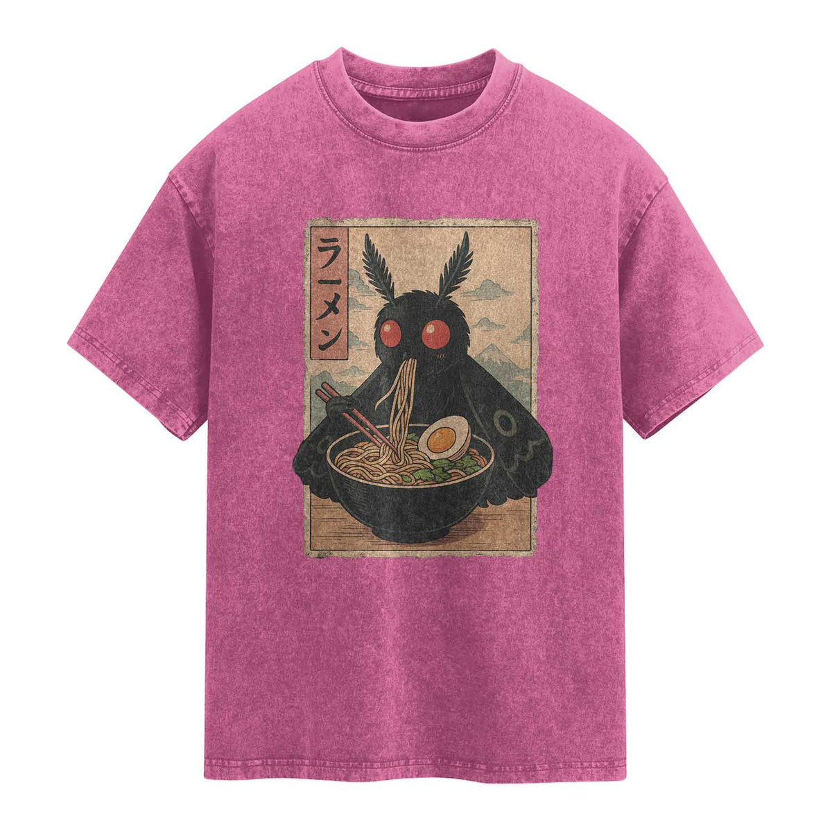 Funny Mothman Ramen Washed Cotton T-Shirt Japanese Kawaii Noodles Cryptid Retro Manga Anime