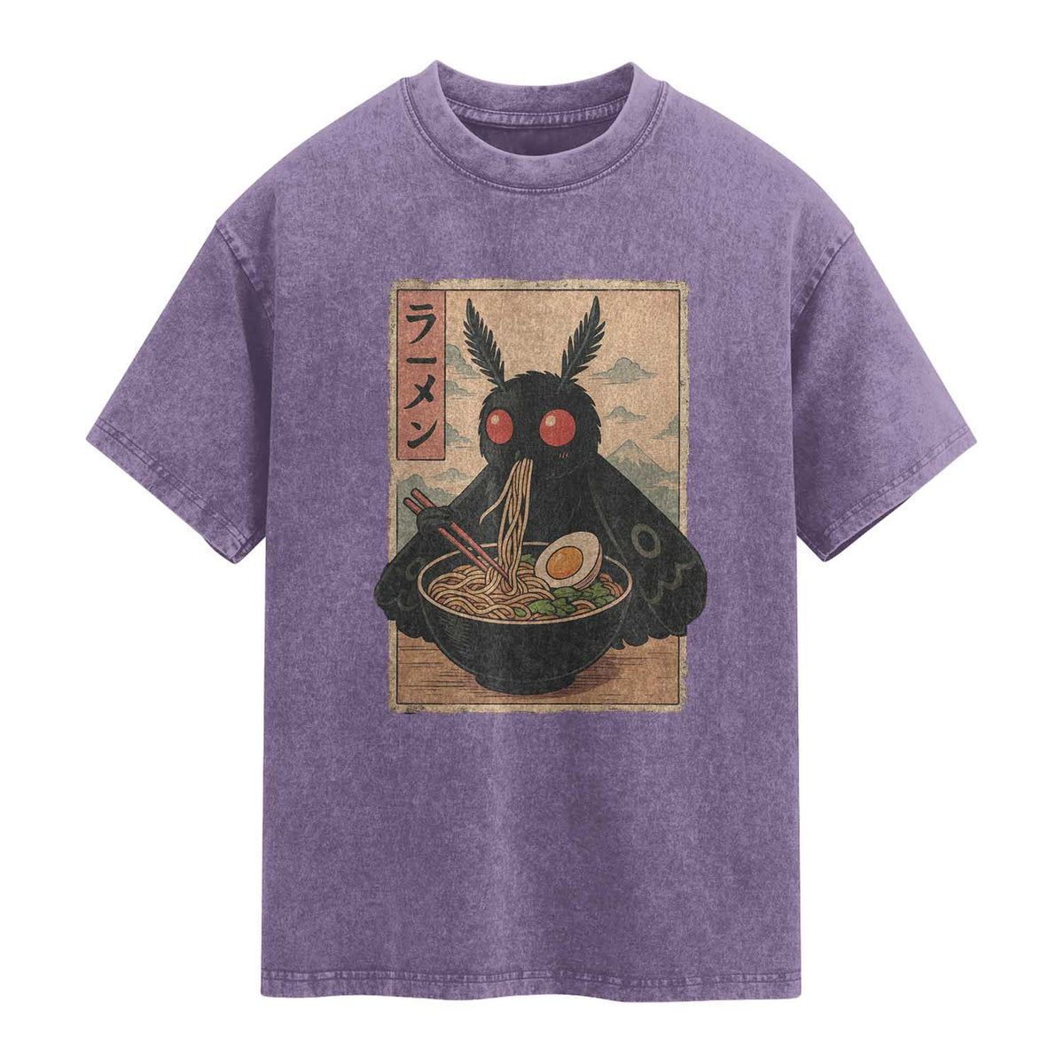 Funny Mothman Ramen Washed Cotton T-Shirt Japanese Kawaii Noodles Cryptid Retro Manga Anime