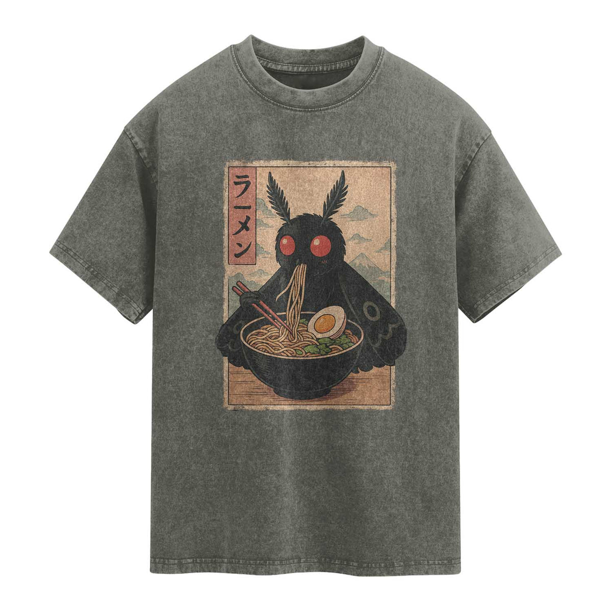 Funny Mothman Ramen Washed Cotton T-Shirt Japanese Kawaii Noodles Cryptid Retro Manga Anime