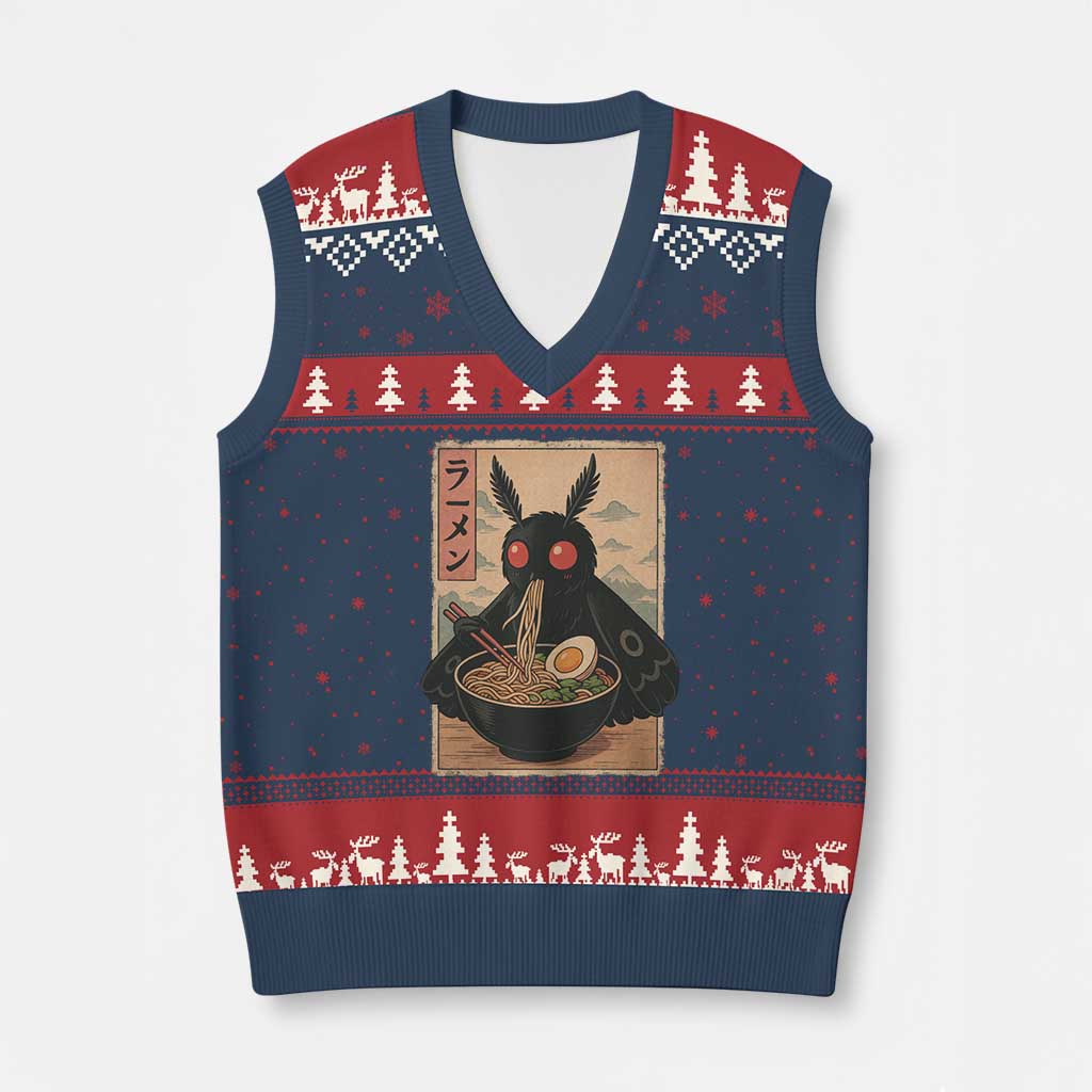 Funny Mothman Ramen V-Neck Knit Sweater Vest Japanese Kawaii Noodles Cryptid Retro Manga Anime - Wonder Print Shop