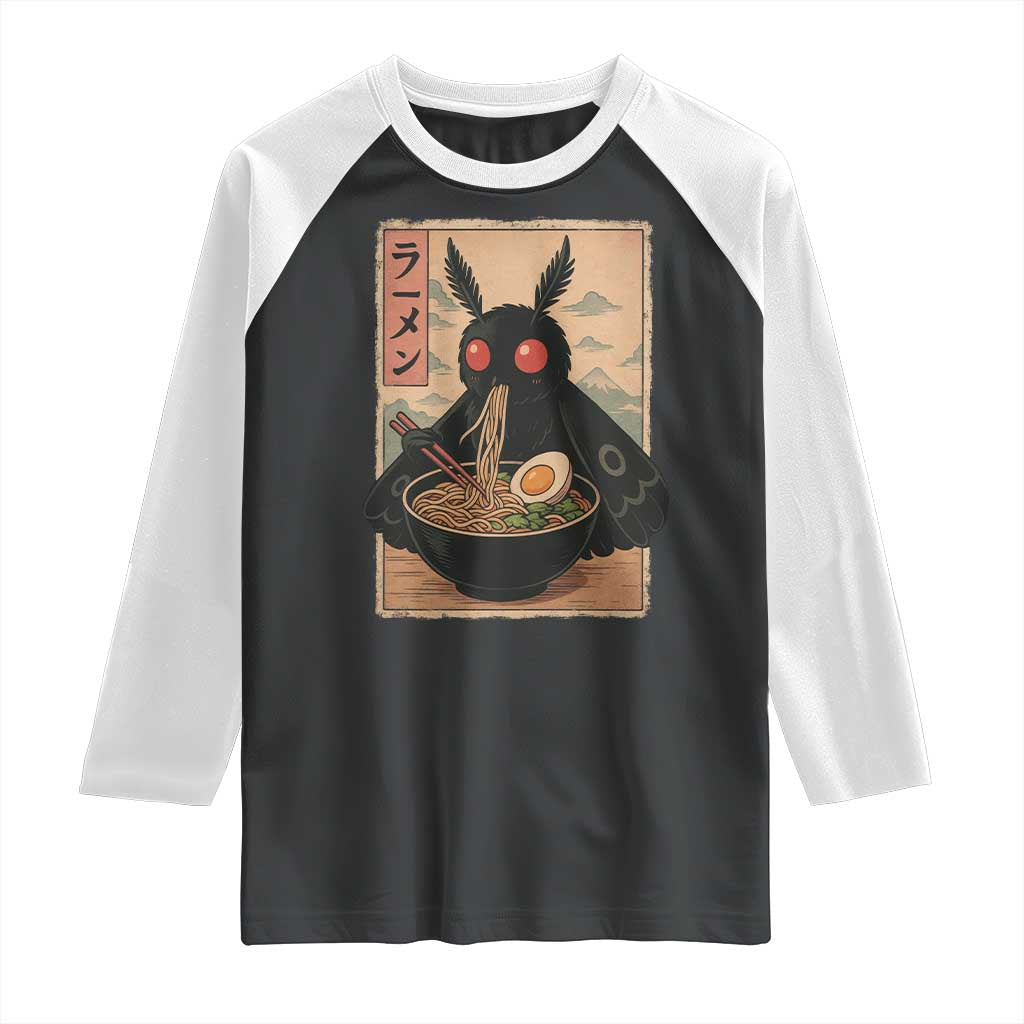 Funny Mothman Ramen Raglan Shirt Japanese Kawaii Noodles Cryptid Retro Manga Anime - Wonder Print Shop