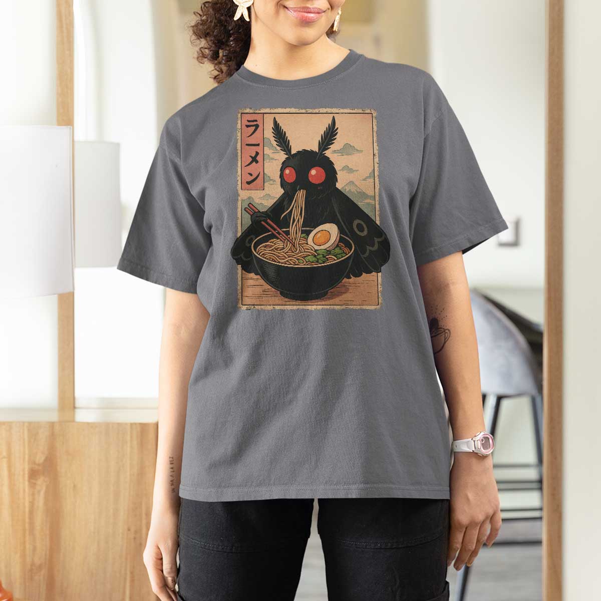 Funny Mothman Ramen T Shirt For Women Japanese Kawaii Noodles Cryptid Retro Manga Anime - Wonder Print Shop