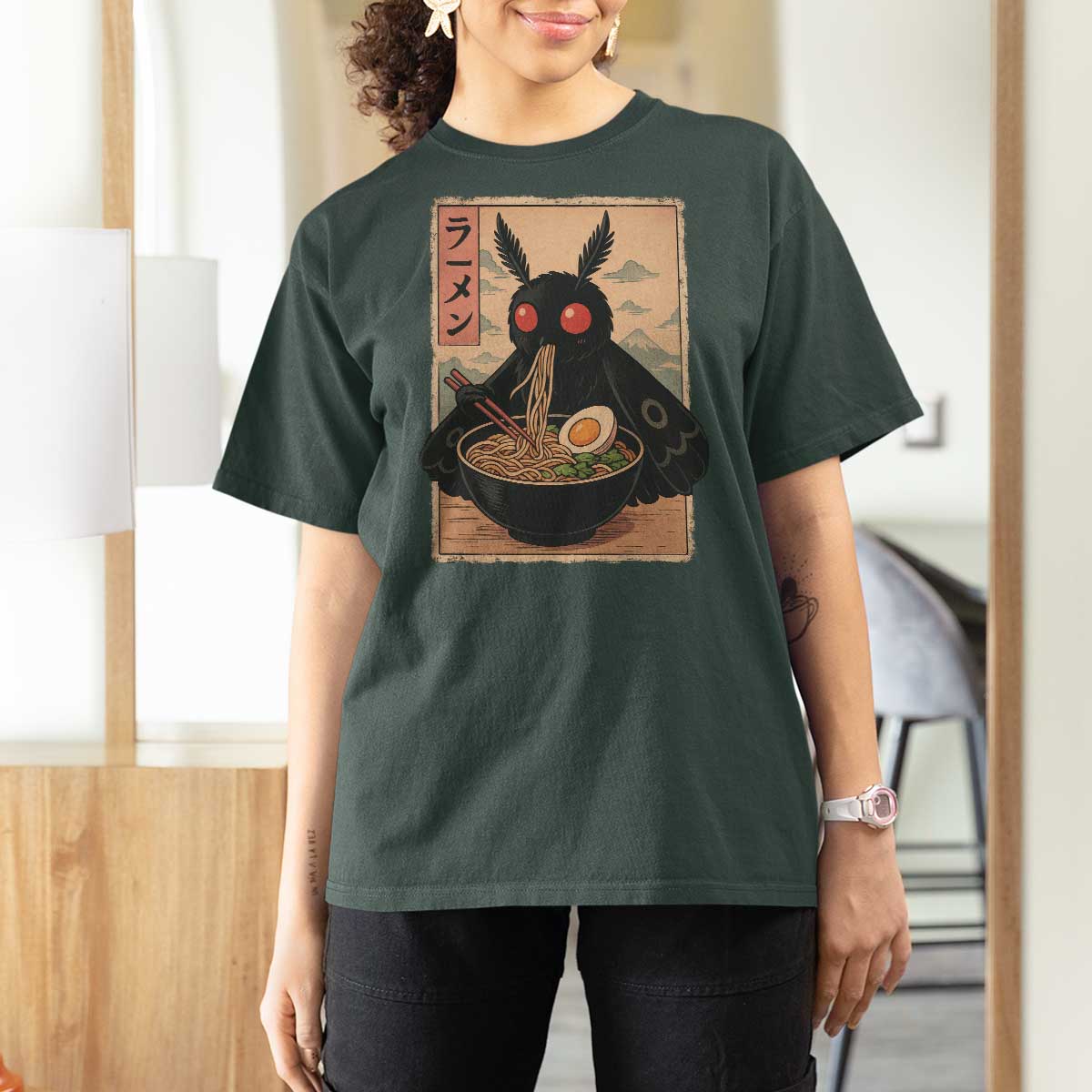 Funny Mothman Ramen T Shirt For Women Japanese Kawaii Noodles Cryptid Retro Manga Anime - Wonder Print Shop