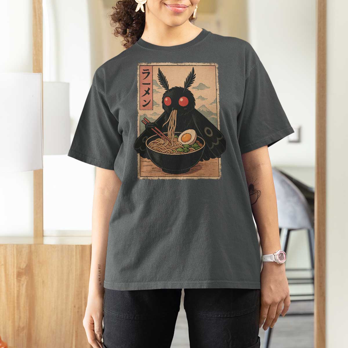 Funny Mothman Ramen T Shirt For Women Japanese Kawaii Noodles Cryptid Retro Manga Anime - Wonder Print Shop