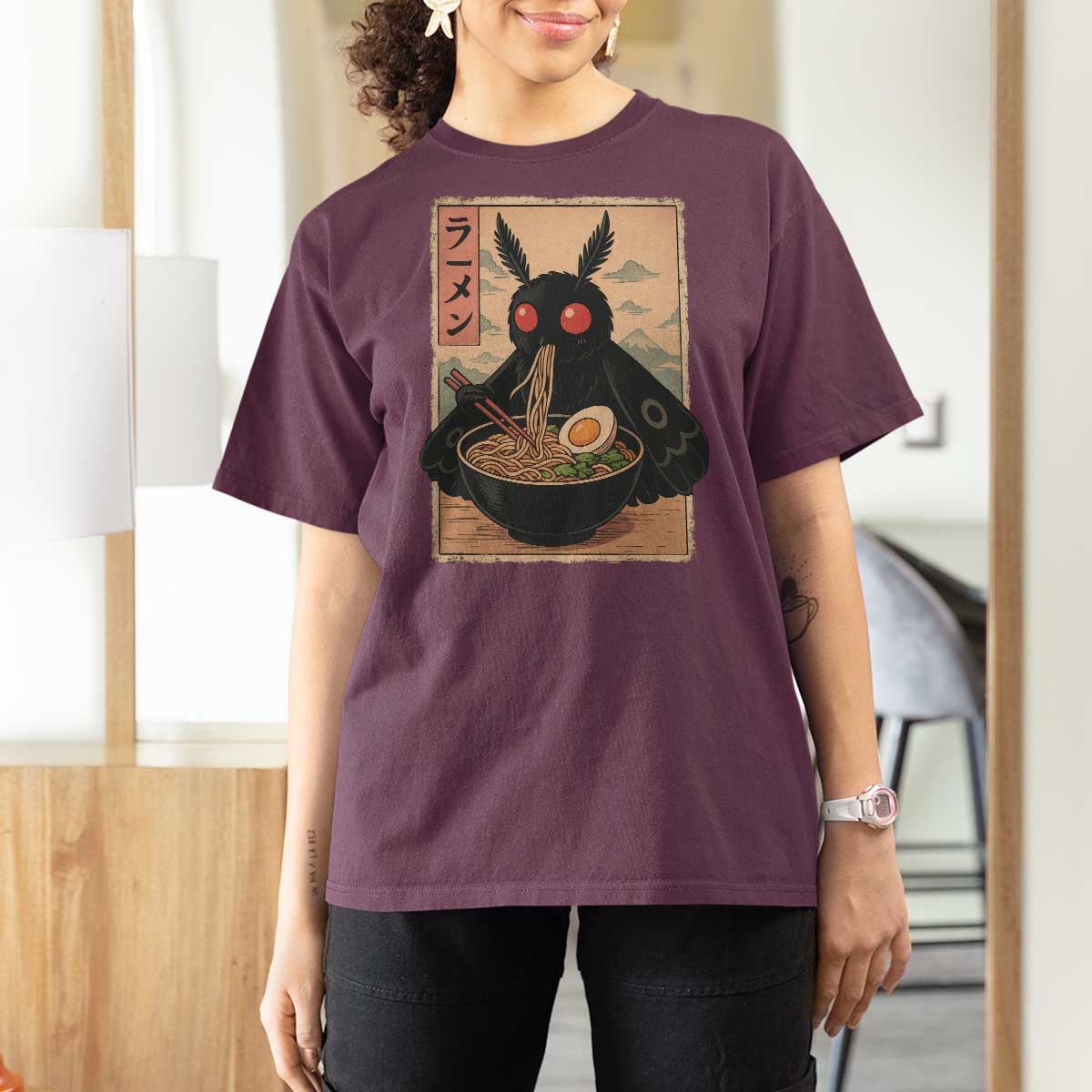 Funny Mothman Ramen T Shirt For Women Japanese Kawaii Noodles Cryptid Retro Manga Anime - Wonder Print Shop