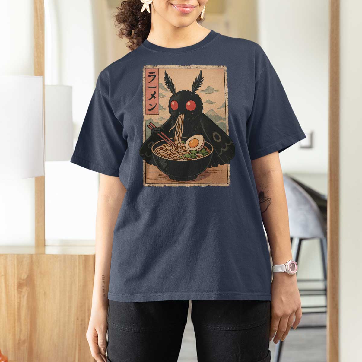 Funny Mothman Ramen T Shirt For Women Japanese Kawaii Noodles Cryptid Retro Manga Anime - Wonder Print Shop