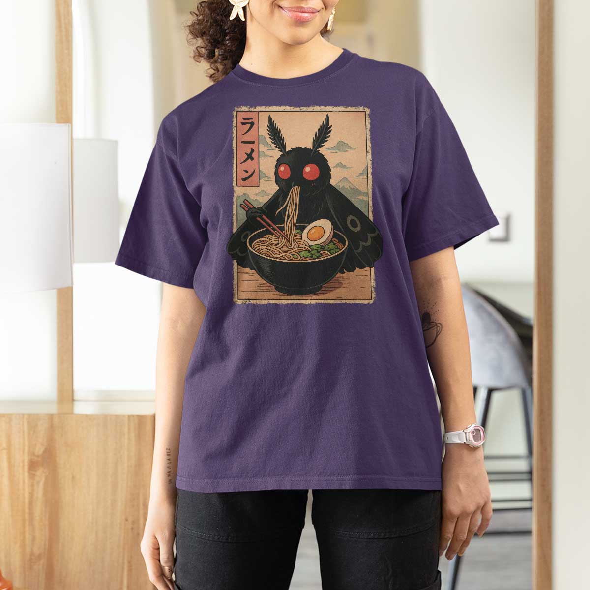 Funny Mothman Ramen T Shirt For Women Japanese Kawaii Noodles Cryptid Retro Manga Anime - Wonder Print Shop