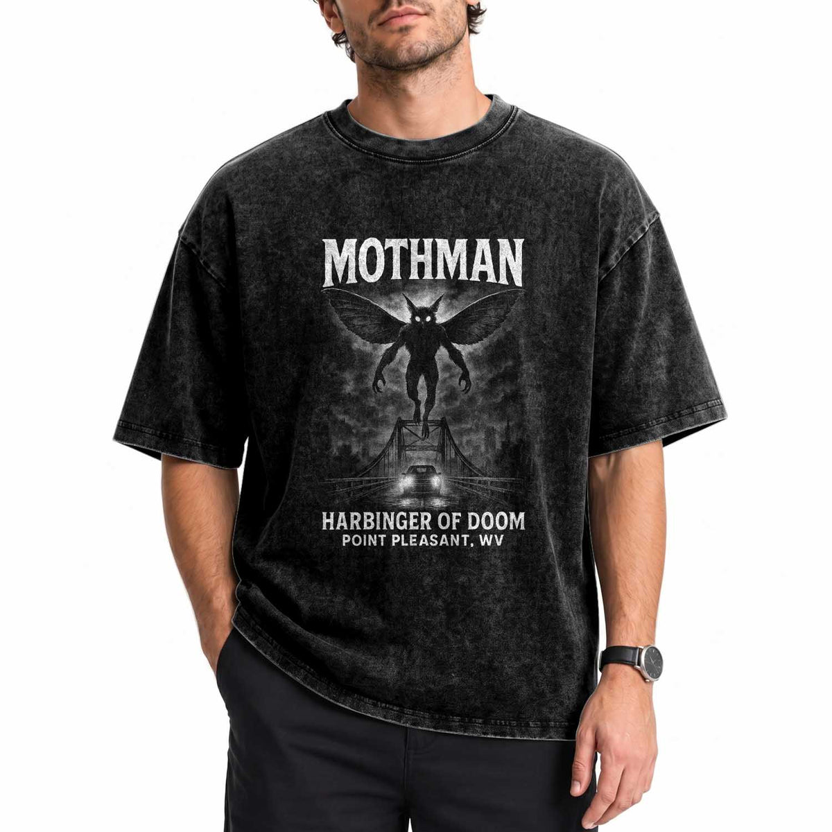 Mothman Washed Cotton T-Shirt Horror Poster Halloween Harbinger of Doom Cryptid Creature