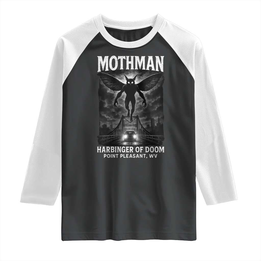 Mothman Raglan Shirt Horror Poster Halloween Harbinger of Doom Cryptid Creature - Wonder Print Shop