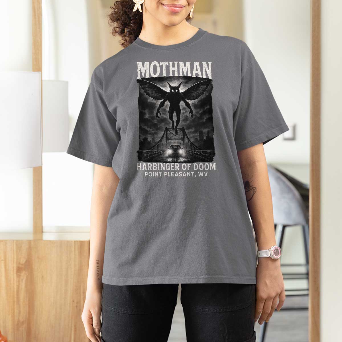Mothman T Shirt For Women Horror Poster Halloween Harbinger of Doom Cryptid Creature - Wonder Print Shop