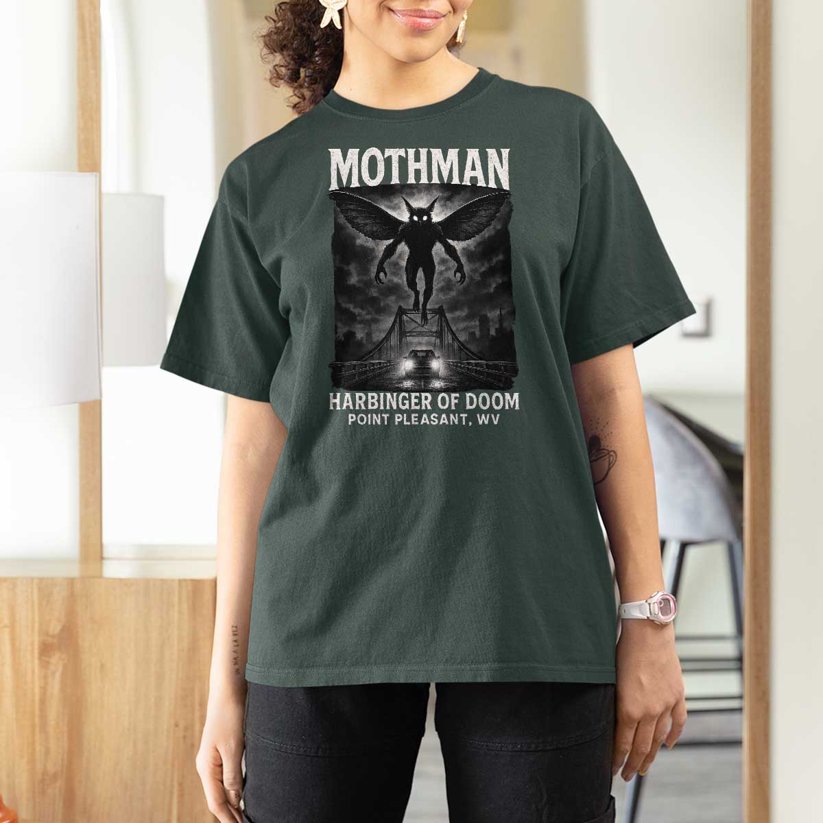 Mothman T Shirt For Women Horror Poster Halloween Harbinger of Doom Cryptid Creature - Wonder Print Shop