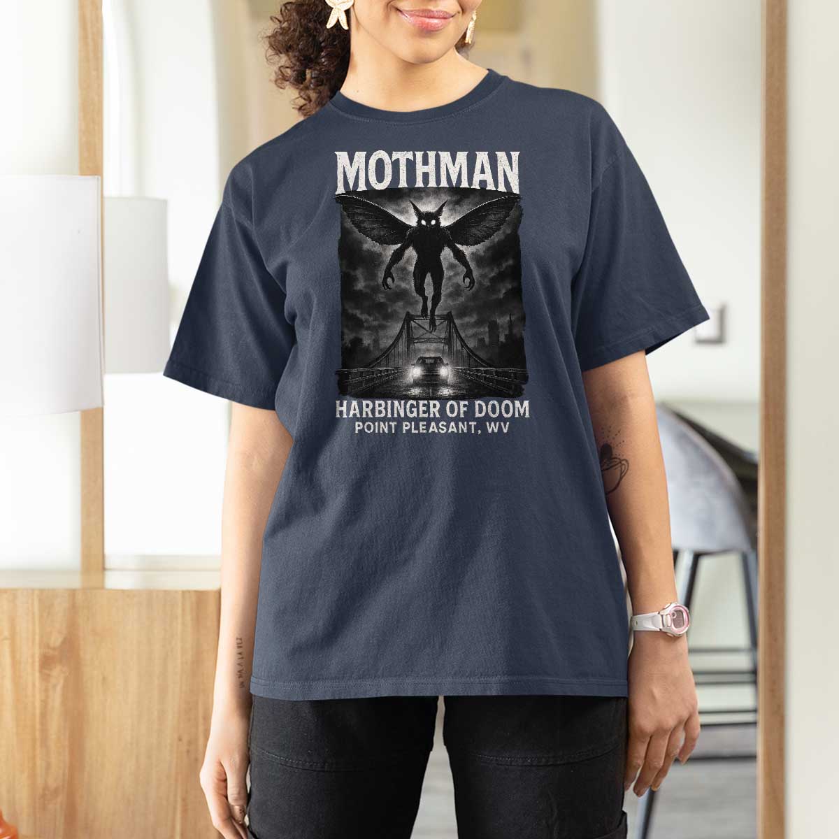 Mothman T Shirt For Women Horror Poster Halloween Harbinger of Doom Cryptid Creature - Wonder Print Shop
