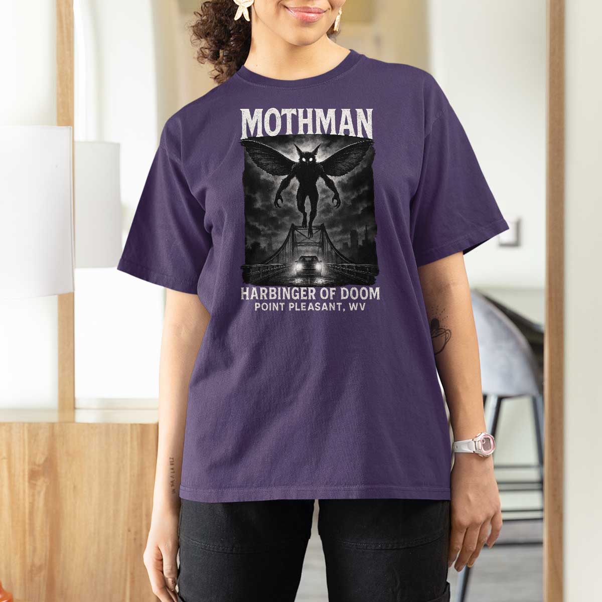 Mothman T Shirt For Women Horror Poster Halloween Harbinger of Doom Cryptid Creature - Wonder Print Shop