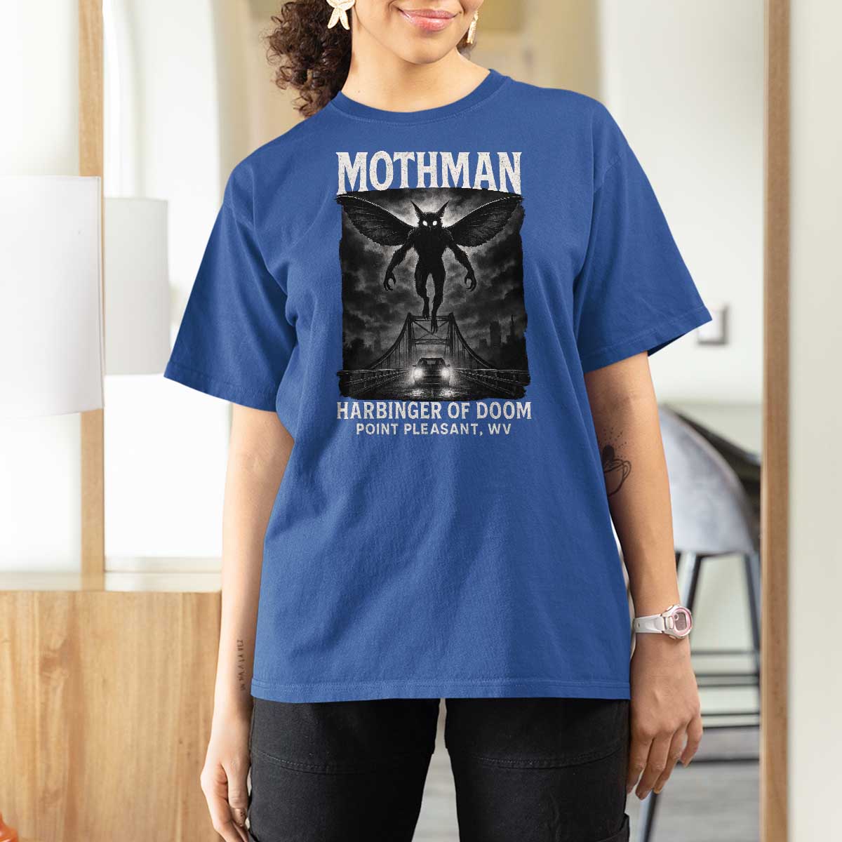 Mothman T Shirt For Women Horror Poster Halloween Harbinger of Doom Cryptid Creature - Wonder Print Shop