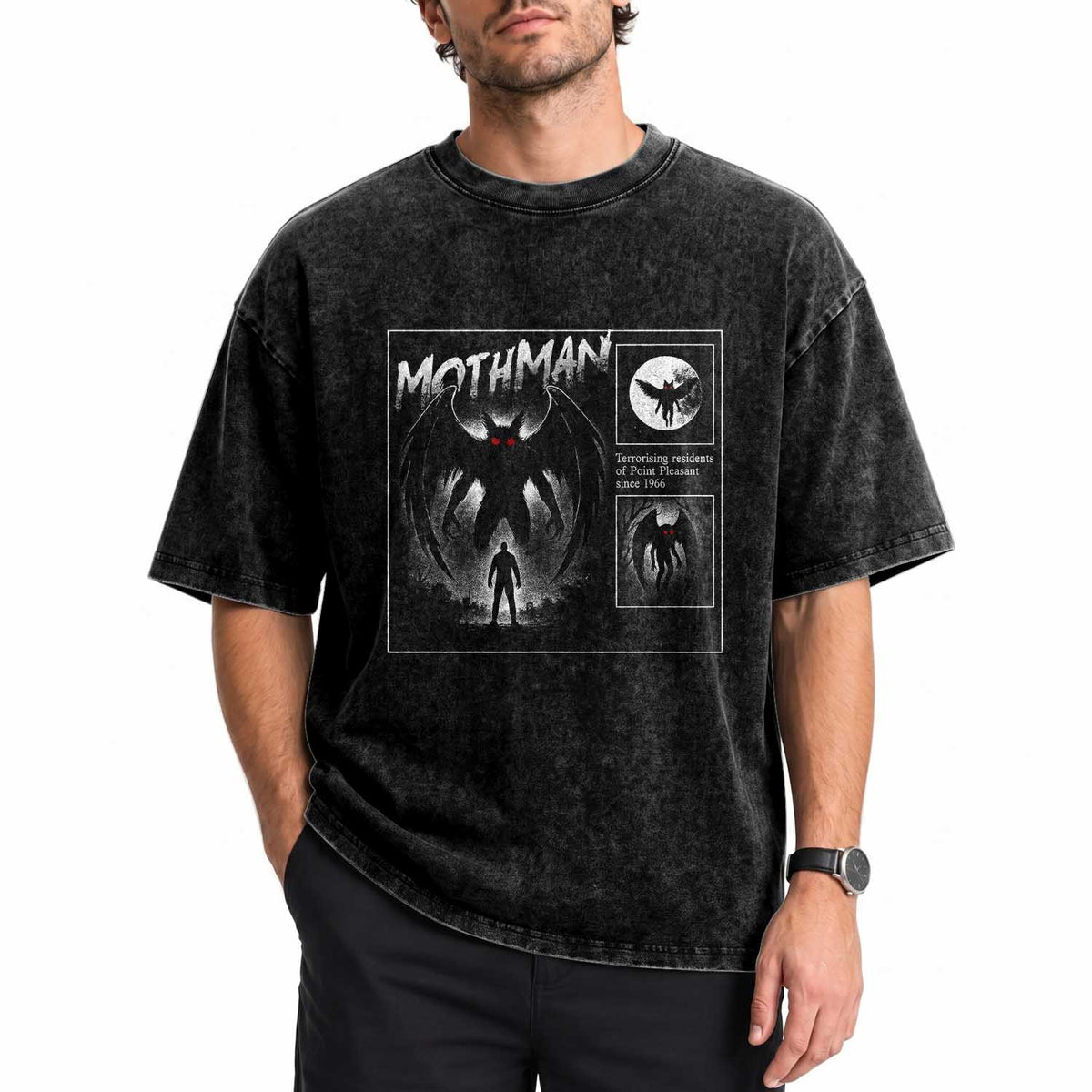 Mothman Washed Cotton T-Shirt Retro Horror Manga Urban Myth Cryptid Creature