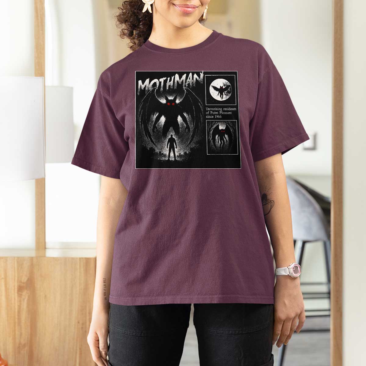 Mothman T Shirt For Women Retro Horror Manga Urban Myth Cryptid Creature - Wonder Print Shop