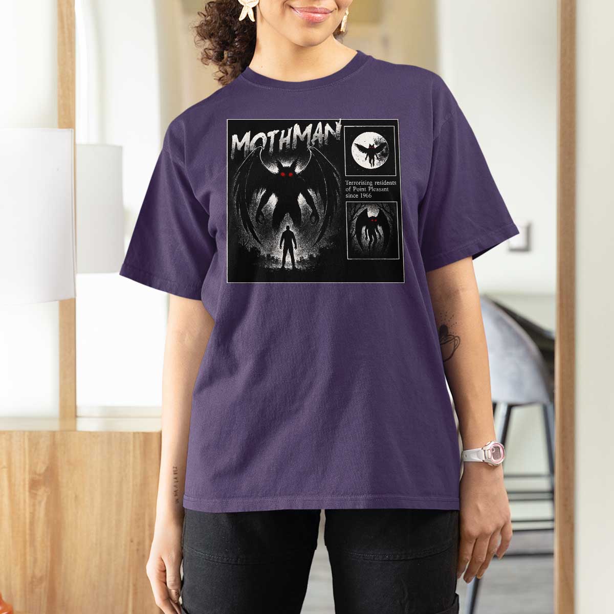 Mothman T Shirt For Women Retro Horror Manga Urban Myth Cryptid Creature - Wonder Print Shop