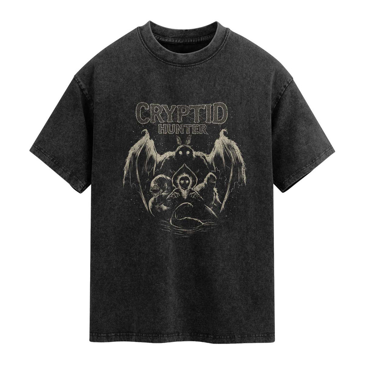 Retro Cryptid Hunter Washed Cotton T-Shirt Mothman Bigfoot Loch Ness Monster Cryptids