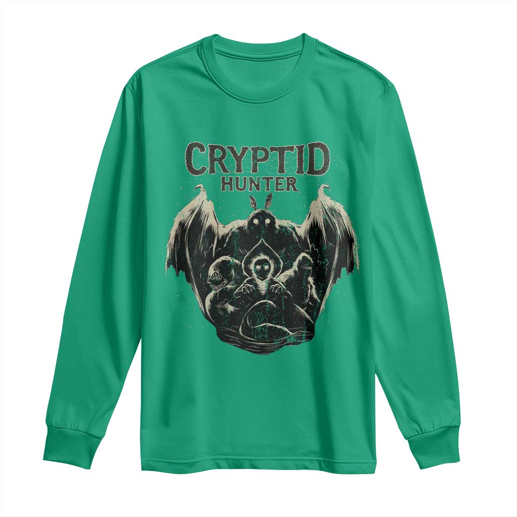 Retro Cryptid Hunter Long Sleeve Shirt Mothman Bigfoot Loch Ness Monster Cryptids - Wonder Print Shop