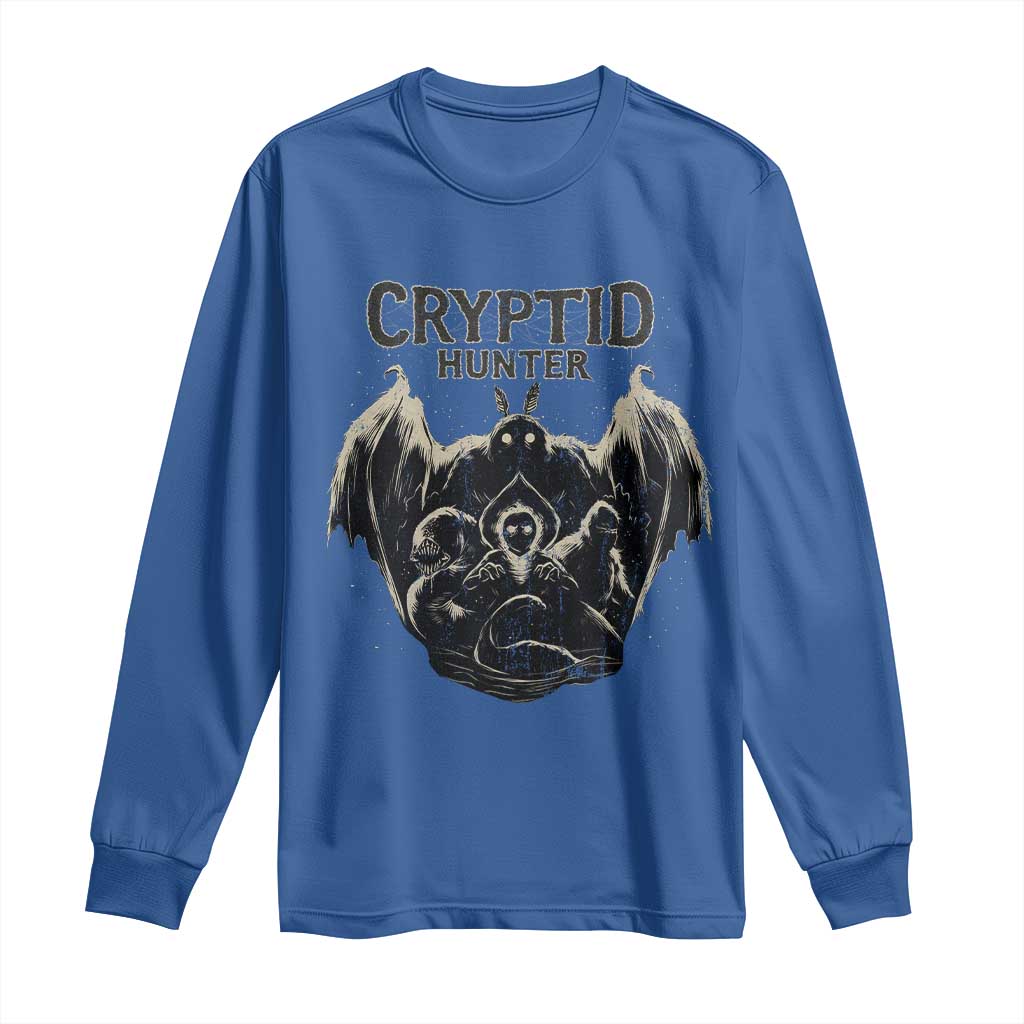 Retro Cryptid Hunter Long Sleeve Shirt Mothman Bigfoot Loch Ness Monster Cryptids - Wonder Print Shop